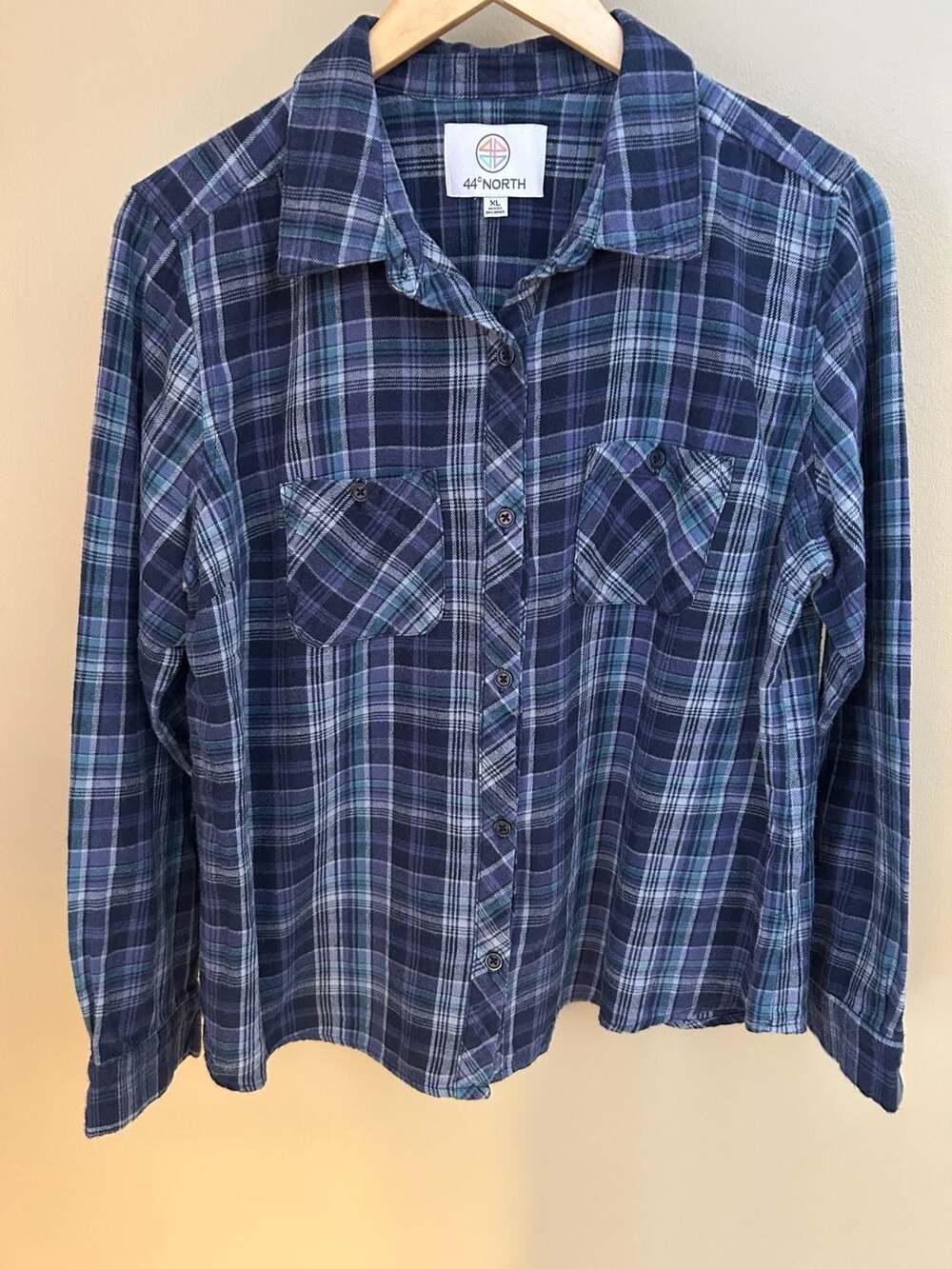 44° North Women's Blue and Purple Plaid Long Sleeve Flannel Shirt XL